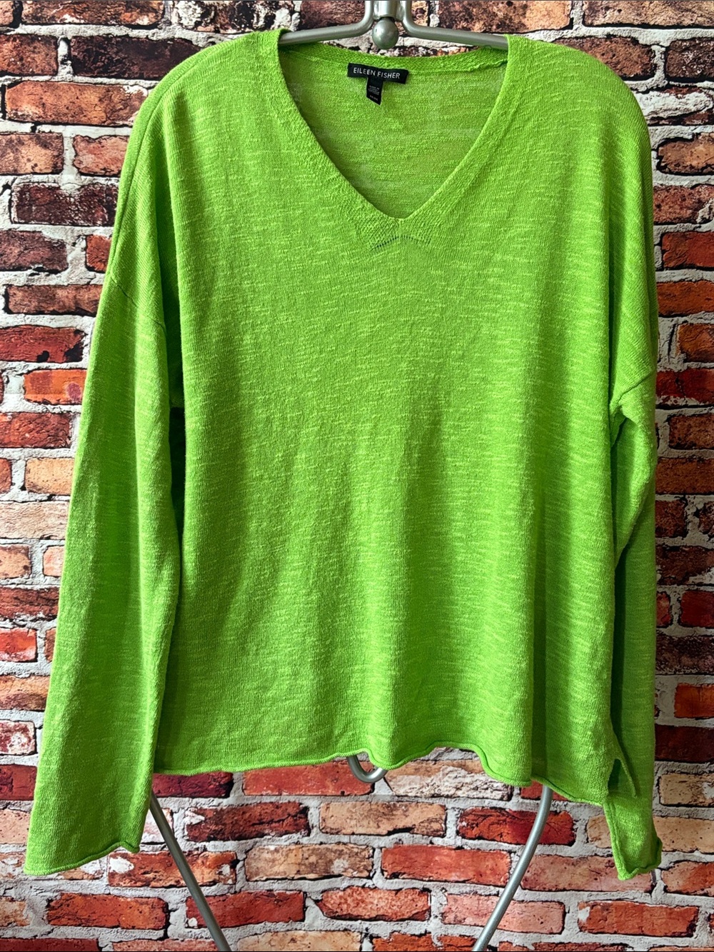 Eileen Fisher Green Apple V-Neck Lightweight Pullover Organic Blend Medium